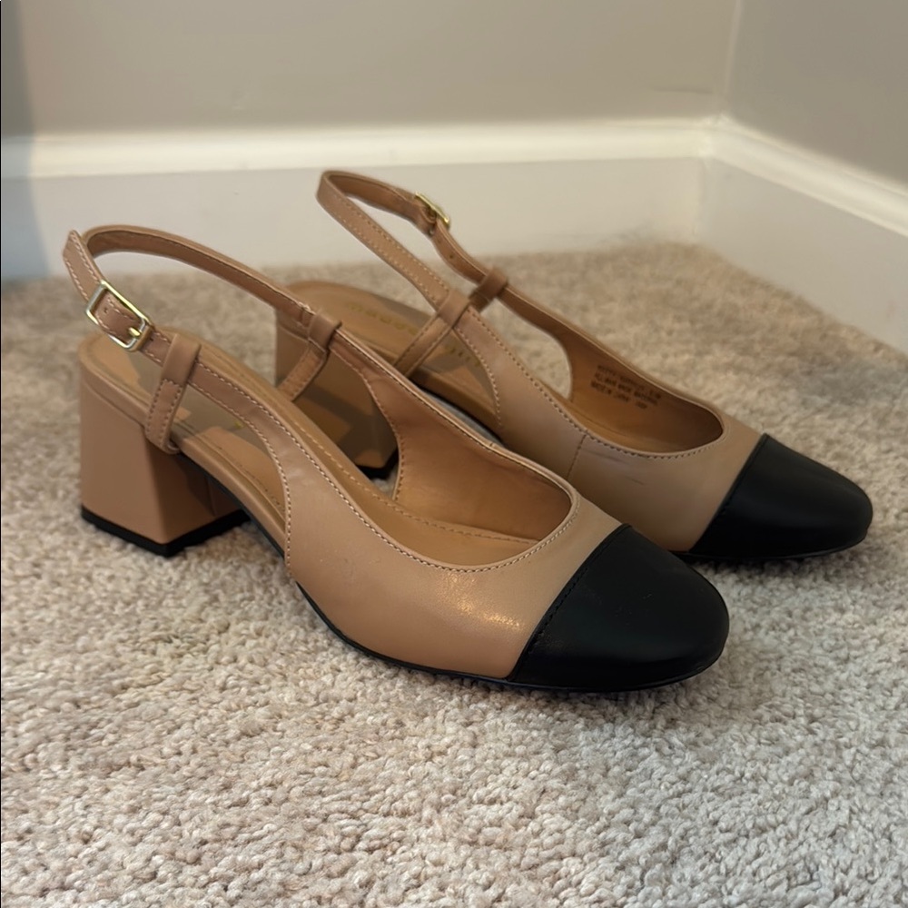 Madden Girl Tan and Black Slingback Heels